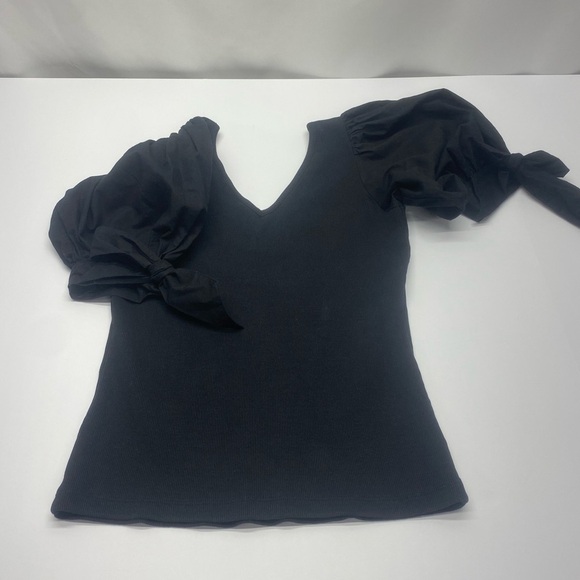 Anthropologie Maeve Women’s Black Puff Sleeve Blouse SM Double V Neck - Picture 8 of 13